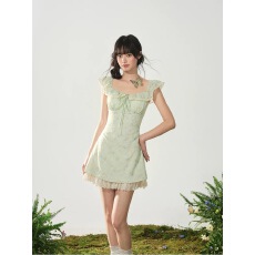 批发H2AN1 STUDIO丨原创甜美薄荷绿小飞袖收腰蓬蓬吊带碎花<b class='q'>连衣裙</b>女夏