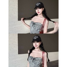 批发Laareetoo 设计感复古条纹系带抹胸女修身显瘦吊带背心上衣夏季