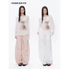 批发EGGSAYS夏季防晒罩衫女<b class='q'>长袖</b><b class='q'>T</b><b class='q'>恤</b>空调衫斜肩微透小猫<b class='q'>宽松</b>薄纱上衣