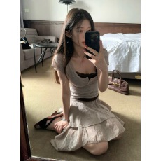 批发sheepland纯氧辣妹 天丝羊毛U领短袖T恤<b class='q'>蕾丝</b>拼接打底吊带<b class='q'>套装</b>女夏