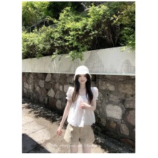 批发Zzhen珍珍 温柔风肌理感白色刺绣<b class='q'>衬衫</b>显瘦气质<b class='q'>衬衣</b>泡泡袖花边上衣