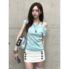 批发【Nana】<b class='q'>韩国</b>setupexe斜肩短袖T恤女短款修身蕾丝镂空露肩<b class='q'>上衣</b>夏