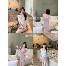 批发白水女 韩女套组4.0 桑蚕丝U领T恤&天丝挂脖吊带裙女度假纯欲<b class='q'>套装</b>