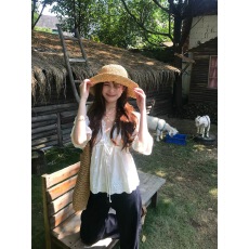 批发Peaceonesoul自制 法式轻甜少女感V领蕾丝刺绣衬衫女<b class='q'>收腰</b>系带上衣