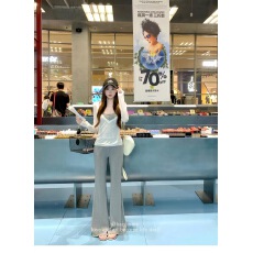 批发白水女 微喇垂垂裤 高弹微喇叭休闲裤女<b class='q'>夏</b>韩系纯欲松弛显瘦长裤