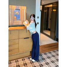 批发【Farte Shop】周末漫游 海军蓝色中腰抽绳休闲裤女<b class='q'>春秋</b>直筒卫裤