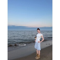 批发Goo Goo Eyes双层<b class='q'>雪纺</b>飘逸蓝格纹<b class='q'>半身裙</b>女夏季花边腰头鱼尾裙中裙