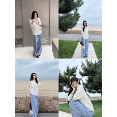 批发Laareetoo   二色波点休闲裤女宽松<b class='q'>显瘦</b>直筒阔腿裤百搭拖地长裤