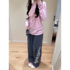 批发美式做旧字母蓝灰<b class='q'>印花</b>休闲裤女宽松垂感跳舞运动阔腿卫裤+长袖T恤