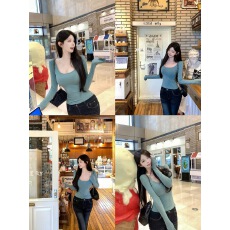 批发白水女 很好穿的tee U领长袖<b class='q'>T</b><b class='q'>恤</b>女早秋韩系修身显瘦纯欲温柔上衣