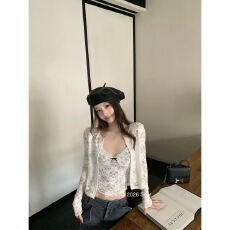 批发板栗可可Bankelili'初秋韩女'豹纹印花磨毛吊带/开衫短款<b class='q'>两件套</b>女