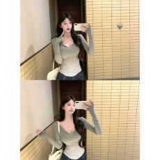批发白水女 条纹掐腰<b class='q'>T</b> 条纹V领<b class='q'>T</b><b class='q'>恤</b>女秋冬韩系设计感修身显瘦纯欲上衣
