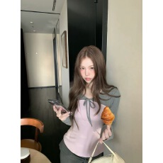批发sasaouni   假两件系带长袖显瘦拼色长袖T恤女<b class='q'>秋</b>季打底衫上衣