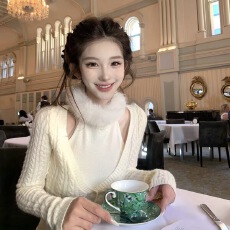 批发JMSHOP 冬日雪光 假两件麻花羊毛针织衫女秋冬环保<b class='q'>皮草</b>毛领两件套