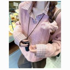 秋冬韩系假两件格子衬衫拼接设计感宽松长袖套头毛衣加厚针织衫女