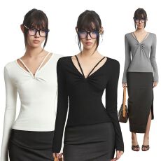 批发人棉磨毛辣妹黑色修身V领挂脖长袖T恤女秋冬显瘦内搭打底衫上衣