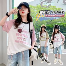 牛仔裤两件套女童新款夏装韩版套装女孩T短袖短裤t恤时髦两件套潮