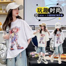 牛仔裤两件套女童夏装韩版套装女孩卡通T短袖短裤t恤时髦两件套潮