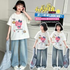 批发两件套女童夏装套装女大童休闲儿童装阔腿裤<b class='q'>牛仔裤</b>夏季短袖T恤