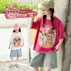 批发牛仔裤两件套女童夏装韩版<b class='q'>套装</b>女孩时尚T短袖短裤t恤时髦两件套潮