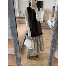 批发韩系ins木耳边羊毛呢拼接格纹背心连衣裙