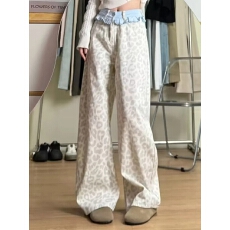 批发美式复古小裙摆拼接牛仔裤女2025秋季设计感撞色豹纹阔腿显瘦<b class='q'>长</b>裤