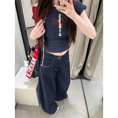 批发小个子<b class='q'>牛仔裤</b>女辣妹风深蓝色垂感阔腿裤子vibe学生百搭拖地直筒裤