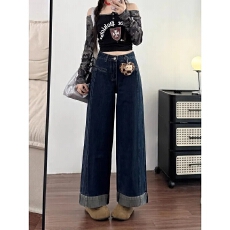 批发<b class='q'>韩版</b>深蓝色拼接翻边阔腿牛仔<b class='q'>裤</b>女秋冬新款高腰宽松显瘦九分直筒<b class='q'>裤</b>