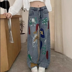批发美式潮牌hiphop嘻哈涂鸦直筒牛仔裤<b class='q'>女</b>复古新款宽松微喇哈伦阔腿<b class='q'>裤</b>