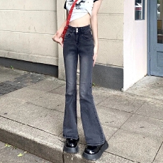 批发黑灰微喇叭牛仔<b class='q'>裤</b>女春秋新款高腰修身弹力<b class='q'>提</b><b class='q'>臀</b>显瘦百搭阔腿长<b class='q'>裤</b>子