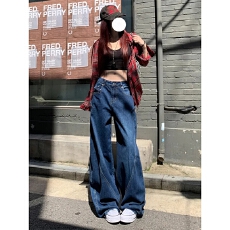 批发高级感美式廓形弯刀工装牛仔裤女2025秋季新款设计宽松阔腿长<b class='q'>裤子</b>