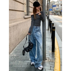 批发美式复古蓝弯刀阔腿牛仔裤女<b class='q'>秋</b>季新款高腰宽松显瘦垂感直筒牛仔裤