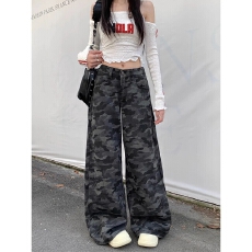 批发145小个子美式工装阔腿迷彩牛仔裤女<b class='q'>秋</b>季高腰宽松显瘦直筒长裤子