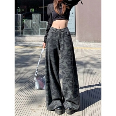 批发美式高街迷彩牛仔裤女2025年<b class='q'>秋</b>季新款高腰宽松显瘦拖地阔腿裤子