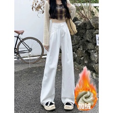 批发白色宽松阔腿<b class='q'>牛仔裤</b>女秋冬季学生新款褶皱高腰垂感加绒加厚拖地裤