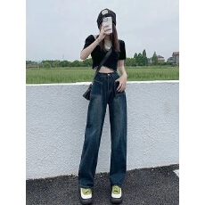 批发复古阔腿<b class='q'>牛仔裤</b>女高腰宽松直筒裤秋新款百搭拖地学生裤高街ins潮