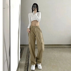 批发欧美雅痞工装风高腰直筒<b class='q'>牛仔裤</b>女街头复古卡其色阔腿显瘦休闲裤子