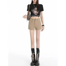 批发弹力美式卡其双扣牛仔<b class='q'>短裤</b>女夏季复古辣妹<b class='q'>高腰</b>a字包臀紧身热裤子