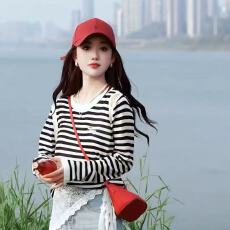 批发撞色条纹露肩露肩刺绣长袖针织衫女2025新款春<b class='q'>夏</b>宽松时尚防晒上衣