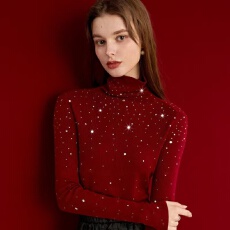 法式烫钻新年打底针织衫女装2023秋冬季新款高领保暖修身毛衣