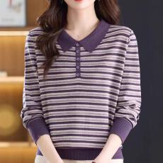 批发宽松百搭条纹翻领羊毛针织打底衫Polo衫上衣时尚高级感洋气<b class='q'>妈妈装</b>