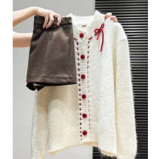 批发圆领单排扣毛衣外套女2025冬季法式chic蝴蝶结慵懒设计感开衫