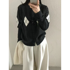 批发复古菱形格纹宽松百搭圆领针织开衫外套女上衣