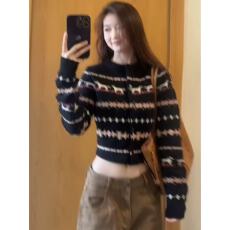 批发美式复古费尔岛针织开衫毛衣女秋冬修身显瘦慵懒休闲风松弛感外套