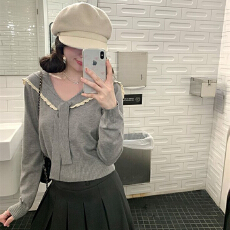 批发花边海军领绑带针织衫女<b class='q'>秋</b>冬韩系少女显瘦学院风修身长袖百搭上衣