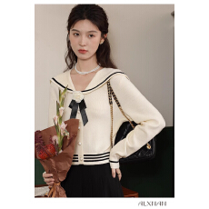 批发甜美学院风玫瑰蝴蝶结毛衣女国风<b class='q'>秋</b>冬慵懒风软糯海军领针织衫上衣