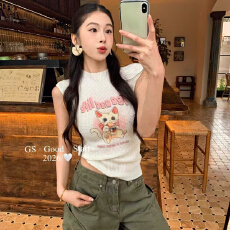 批发春季2026纯欲辣妹<b class='q'>韩版</b>甜美飞袖华夫格喵星人印花短袖针织衫显瘦