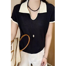 批发polo领撞色针织衫短袖上衣夏季韩版新时尚小众别致短款t恤