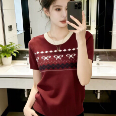 韩系撞色蝴蝶结针织短袖女夏季2026新款今年流行设计感 冰爽丝