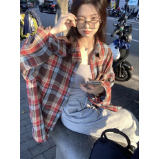批发慵懒风撞色<b class='q'>格子衬衫</b>外套<b class='q'>女装</b>春夏复古中长款休闲防晒上衣